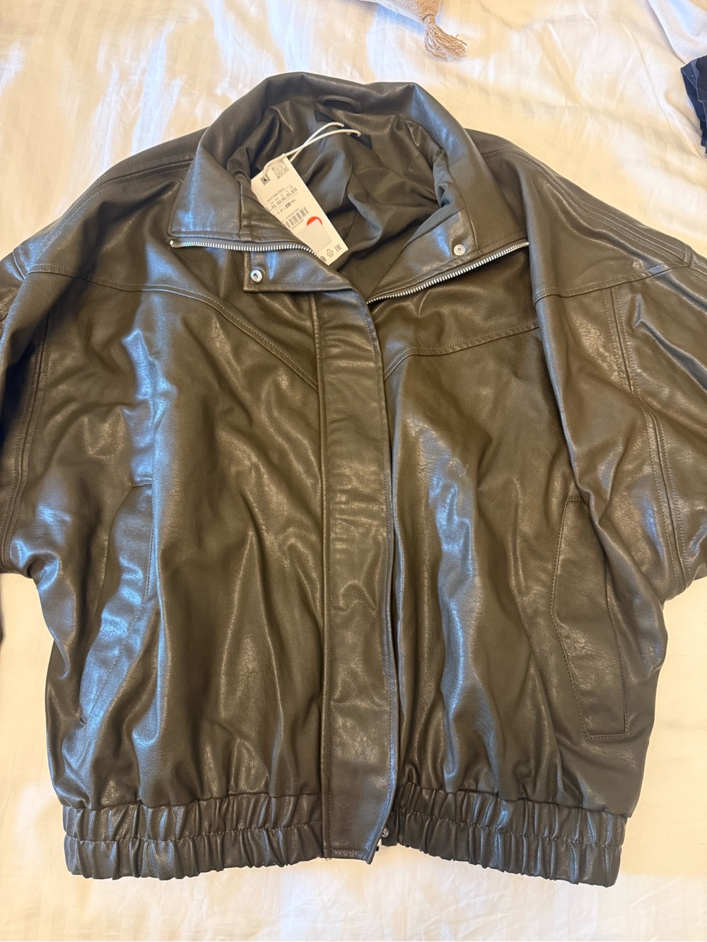 Zara Olive Green Faux Leather Bomber Jacket